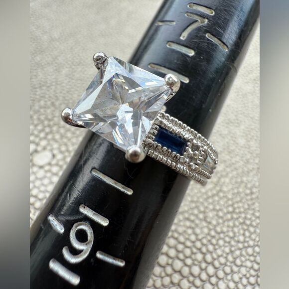 Large Princess Cut CZ Ring with Blue Accent Stones – Size 8 Bold Glam Look - Picture 6 of 17